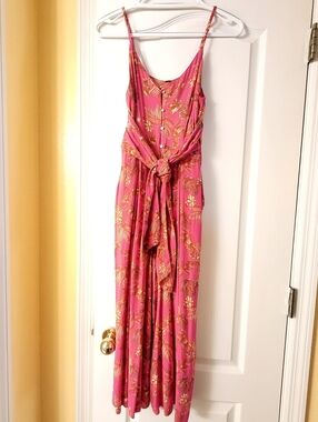 Free People Pink Floral Print Jumpsuit With Tie Waist And Pockets
